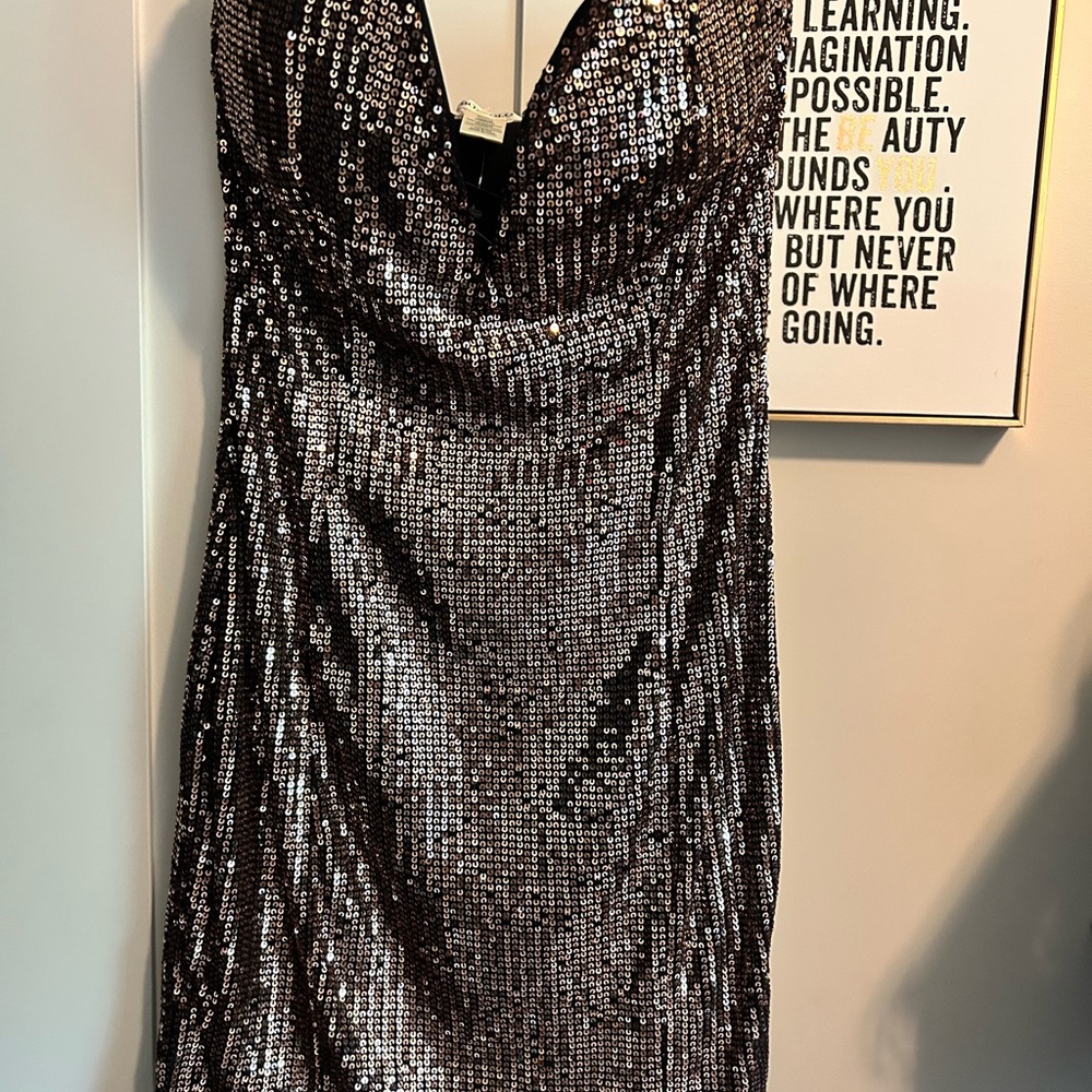 SMALL STRAPLESS MINI Rose Gold Sequin Black Dress NEW